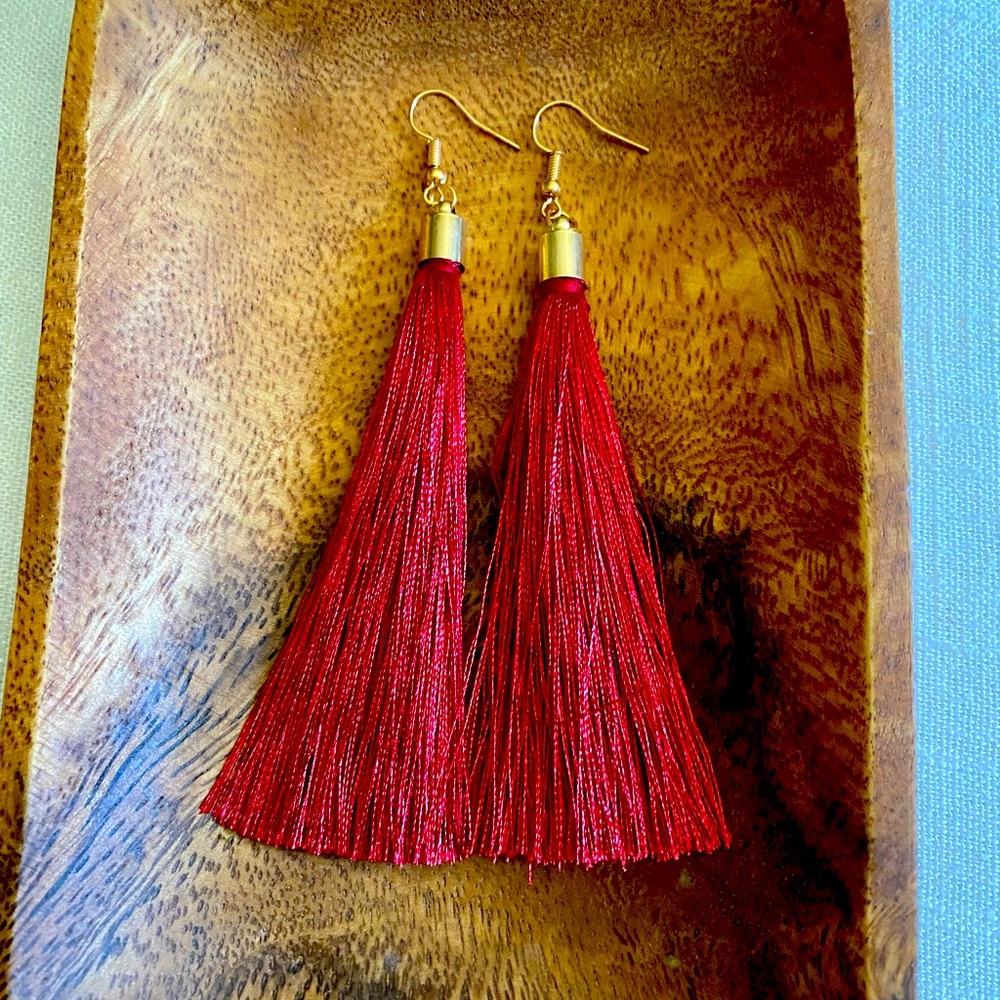 Boho Bordeaux Red Long Fringe Tassel Earrings